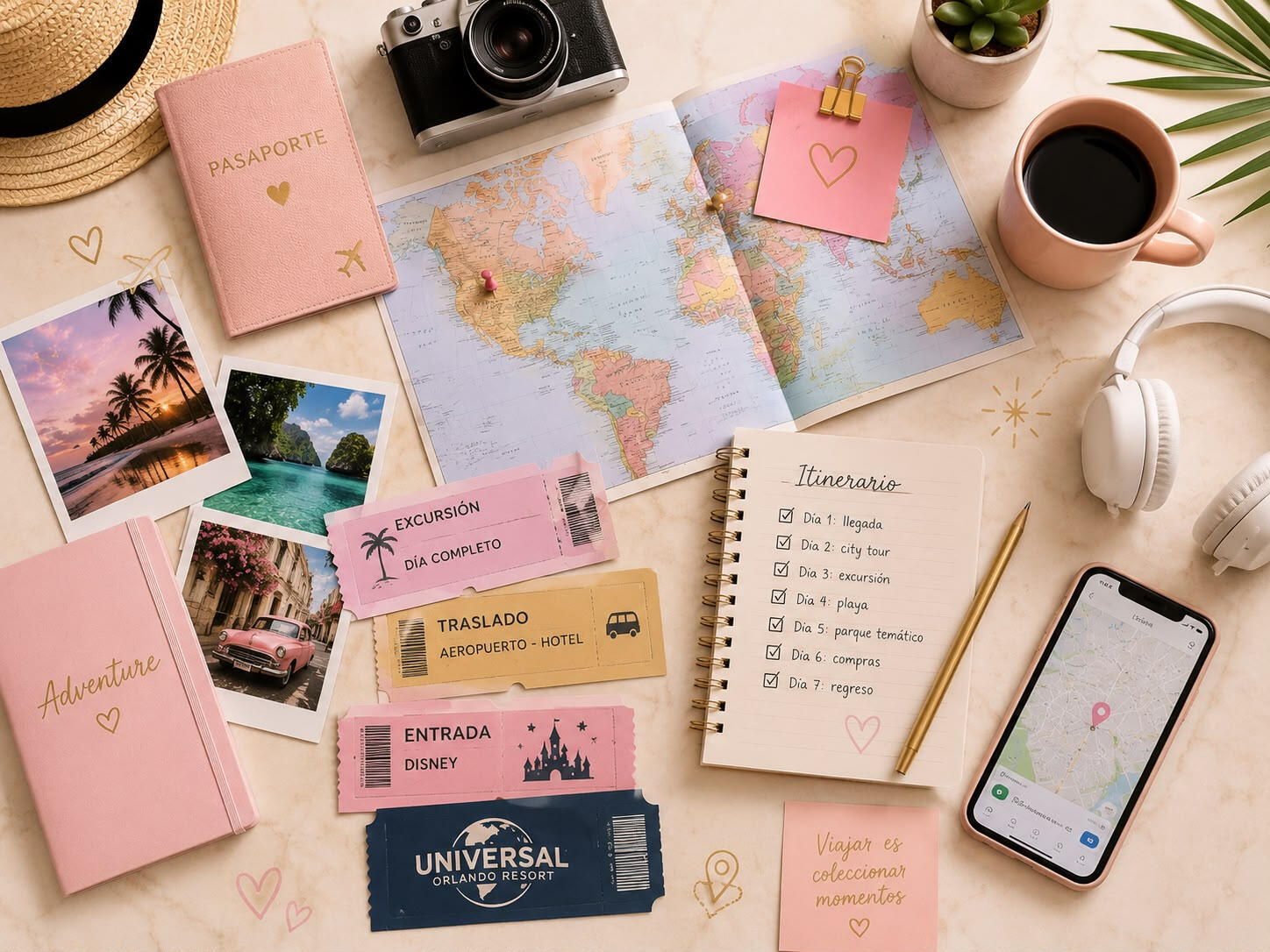 Mesa de planificación de viaje con mapa, itinerario, entradas, excursiones, traslados y experiencias personalizadas. Organizado por Portodoelmapa.